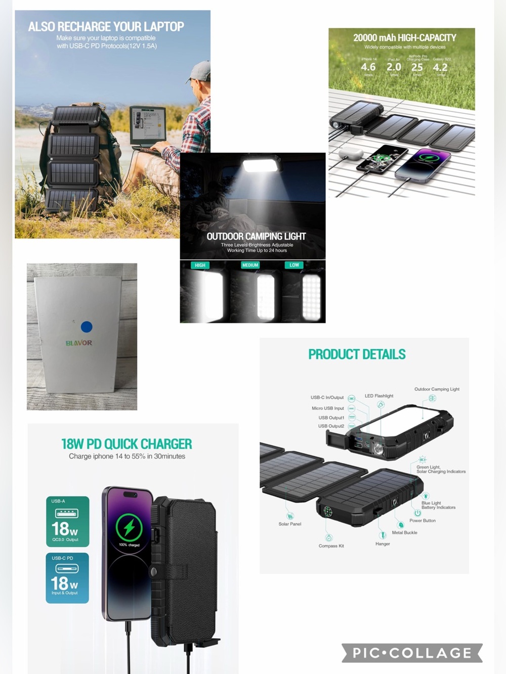 Portable Solar Power Bank with LED Camping Light - Black